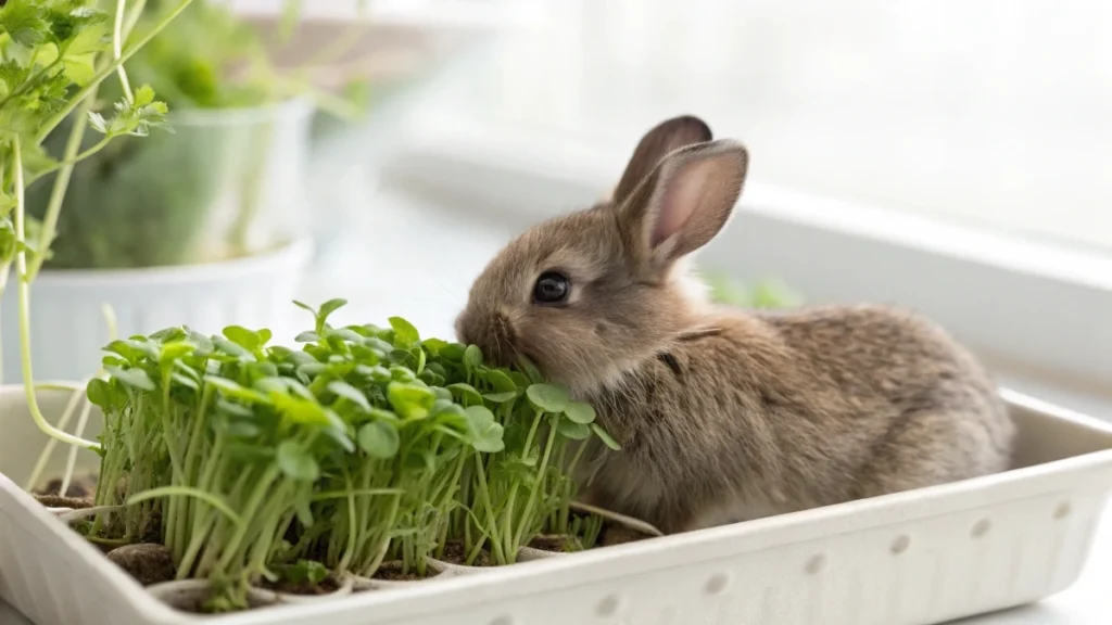 Front facing close up of a small rabbit gently nibbling fresh radish and broccoli microgreens in a shallow tray. Subject centred and in sharp focus. Clean white background with soft natural daylight from the side. Shallow depth of field with creamy bokeh and crisp leaf texture with tiny water droplets. No human hands or bowls. Healthy pet setting with calm mood. Vibrant greens that pop while the rabbit’s fur stays natural. Ample copy space above and below for headline and caption. Landscape 16 by 9. Ultra high resolution 4K. Editorial natural color grade. Primary keyword included Microgreens for Rabbits.